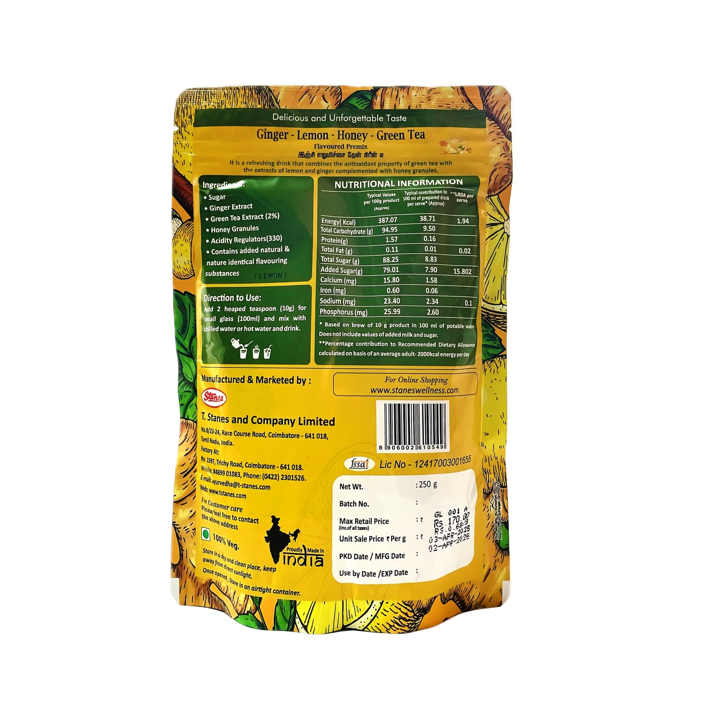 STANES Ginger Lemon Honey Green Tea Flavoured Premix 250 g